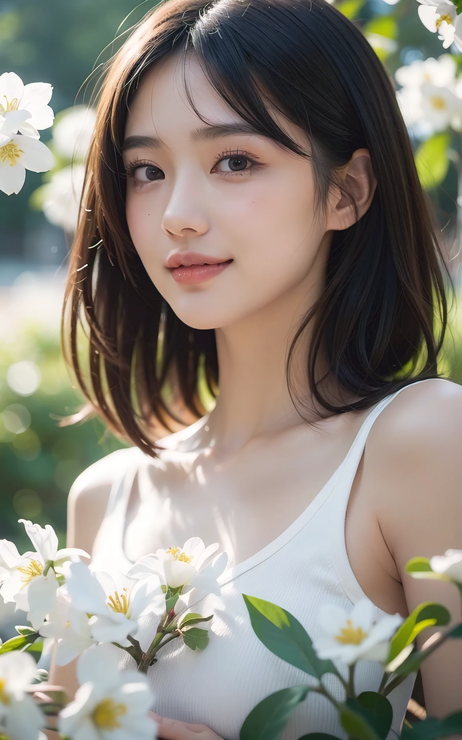upper body shot、Front view、young beautiful japanese woman、gentle features、super cute face、glossy lips、double eyelids in both eyes、natural makeup, A smile that makes me cry, long eyelashes are bright, short bob and light brown hair、hair swaying in the wind, asymmetrical bangs、center image、8K、high definition、detailed hairstyle、detailed face、epic movie lighting、octane rendering、lively、surreal、perfect limbs、perfect anatomy, spring flower hill