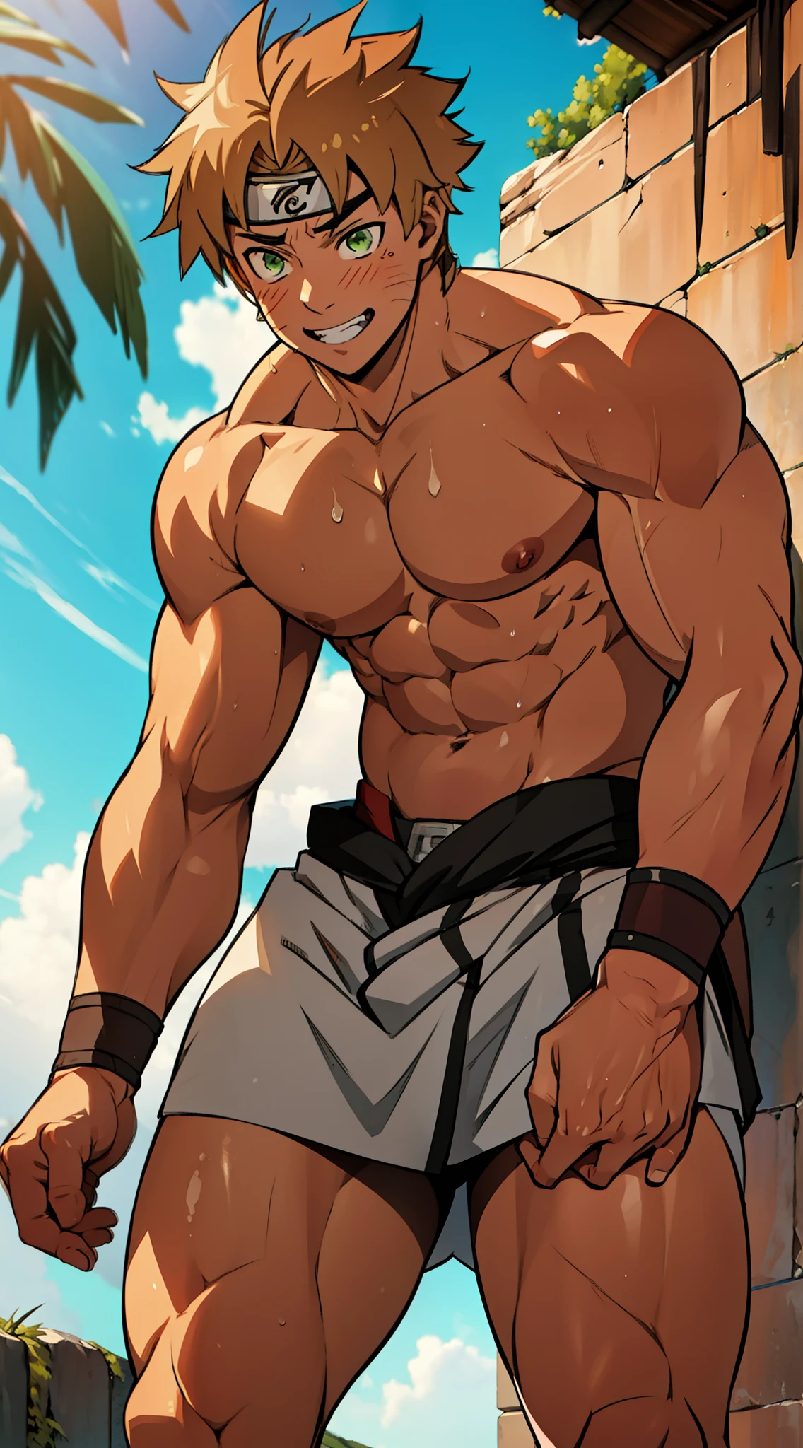 red skin, bright red skin, the boy blushed shyly , rosy skin, shiny skin(muscular thigh muscles )(Naruto anime style, art) (photo angle from bottom up) (photo angle from the ground upwards) [Anime photo][highest quality photo][4k,HD photo quality ] wear tight and short loincloths ,the loincloth bulges due to the erect male genitaluscular thigh muscles, firm thigh muscles, muscular thigh muscles, sinewy thigh muscles, giant thigh muscles, strong leg muscles, muscular hamstring leg muscles)(thigh muscles bulging as if about to explode, muscular, calloused, sinewy, giant) , Rudeus Greyrat,fun, happy,bodybuilder,bodybuilding, standing, lots of sweat flowing down, topless, shirtless, hot sunny, 8 pack abs , short hair , green eyes