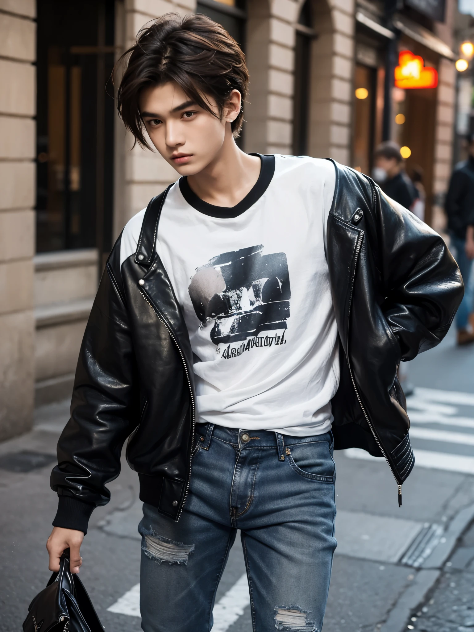 boy,  y.o, comma hair, t-shirt, leather jacket, torn trousers, piercing, street