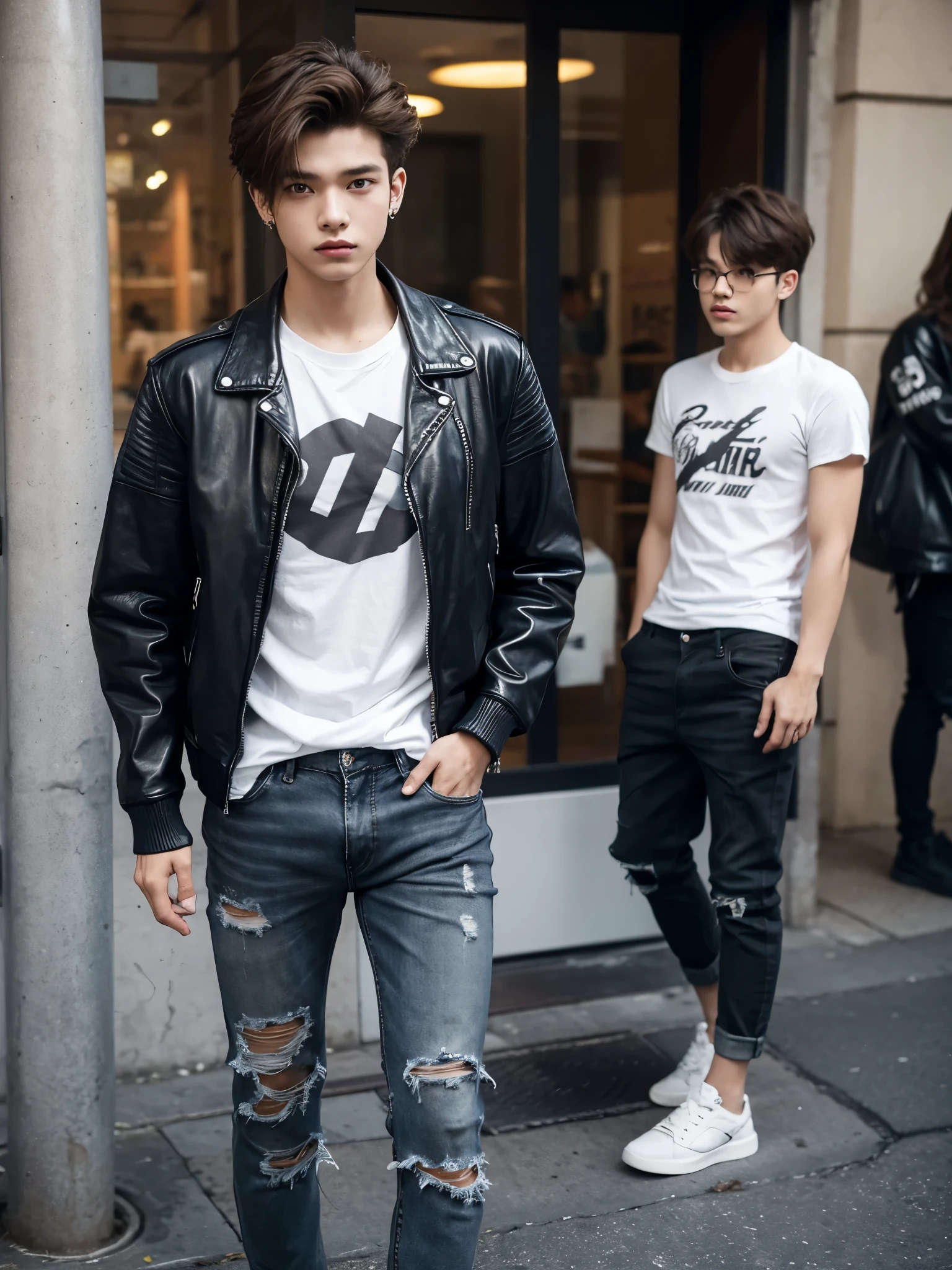 boy, 17 y.o, comma hair, t-shirt, leather jacket, torn trousers, piercing, street