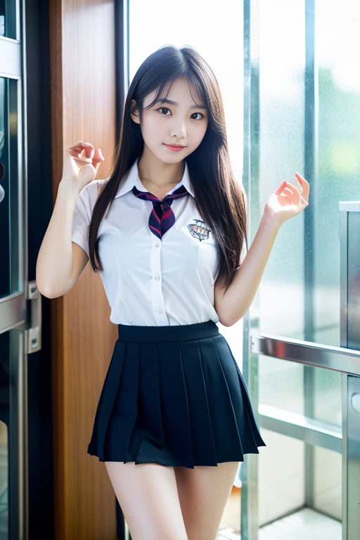 ((highest quality)), ((masterpiece )), 18 year old real Japanese beautiful high school girl、beautiful thighs、Lifting up the uniform shirt to expose a small cleavage、Mini skirt 40cm above the knee、press your chest against the glass door