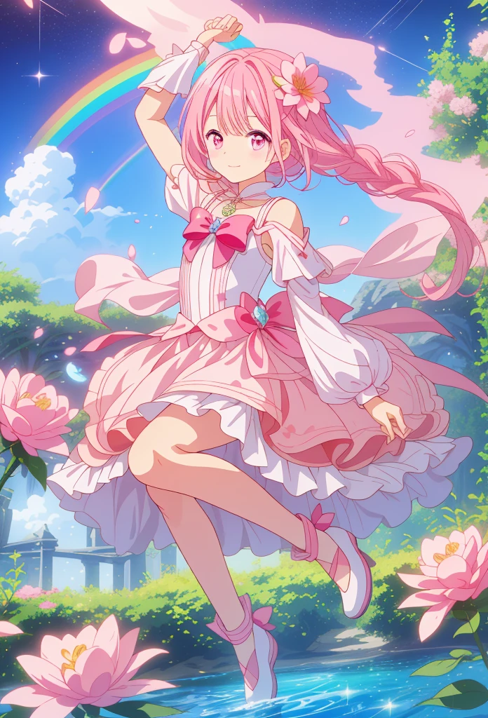pink hair、pink eyes、Magical girl、fantasy、beautiful scenery、Grains of light、starry sky、dream、petal、rainbow、flower garden、water droplets