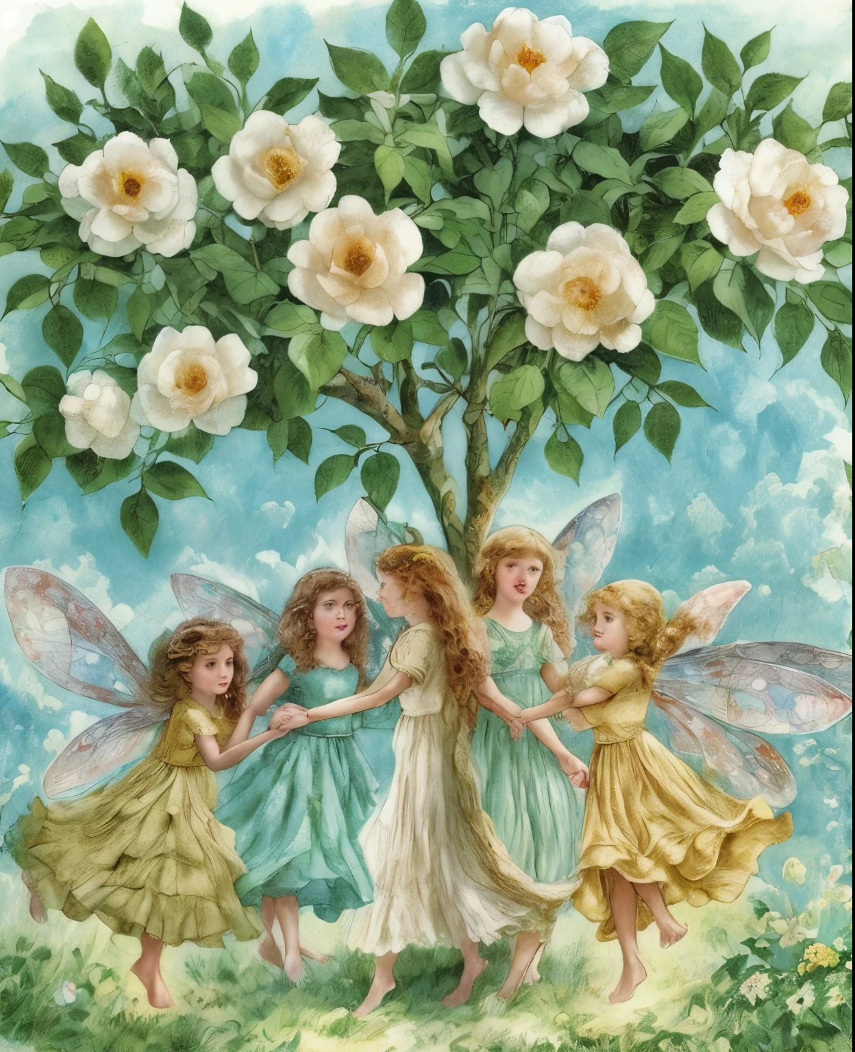 a painting of four girls in dresses holding hands around a tree, beautiful fairies, by Cicely Mary Barker, faeries, re-raphaelite fairies, fairies, by Dorothy Hood, by Kinuko Y. Craft, by Annie Rose Laing, small fairies, by Ruth Sanderson, inspired by Ida Rentoul Outhwaite, rosen maiden, by Penny Patricia Poppycock