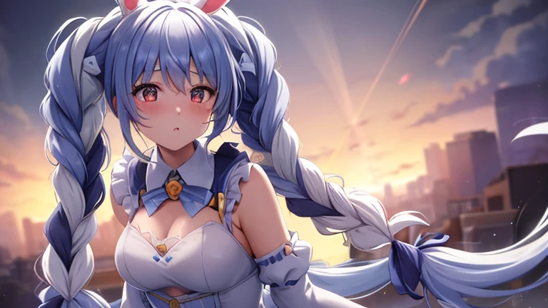 (shape: Used Pecora), Bunny girl, blue hair, twin braids, girl, alone, {{masterpiece}}, highest quality, Highly detailed CG Unity 8k wallpaper, cinematic lighting, Lens flare, beautiful detail eyes, side line, colorful light, particle,