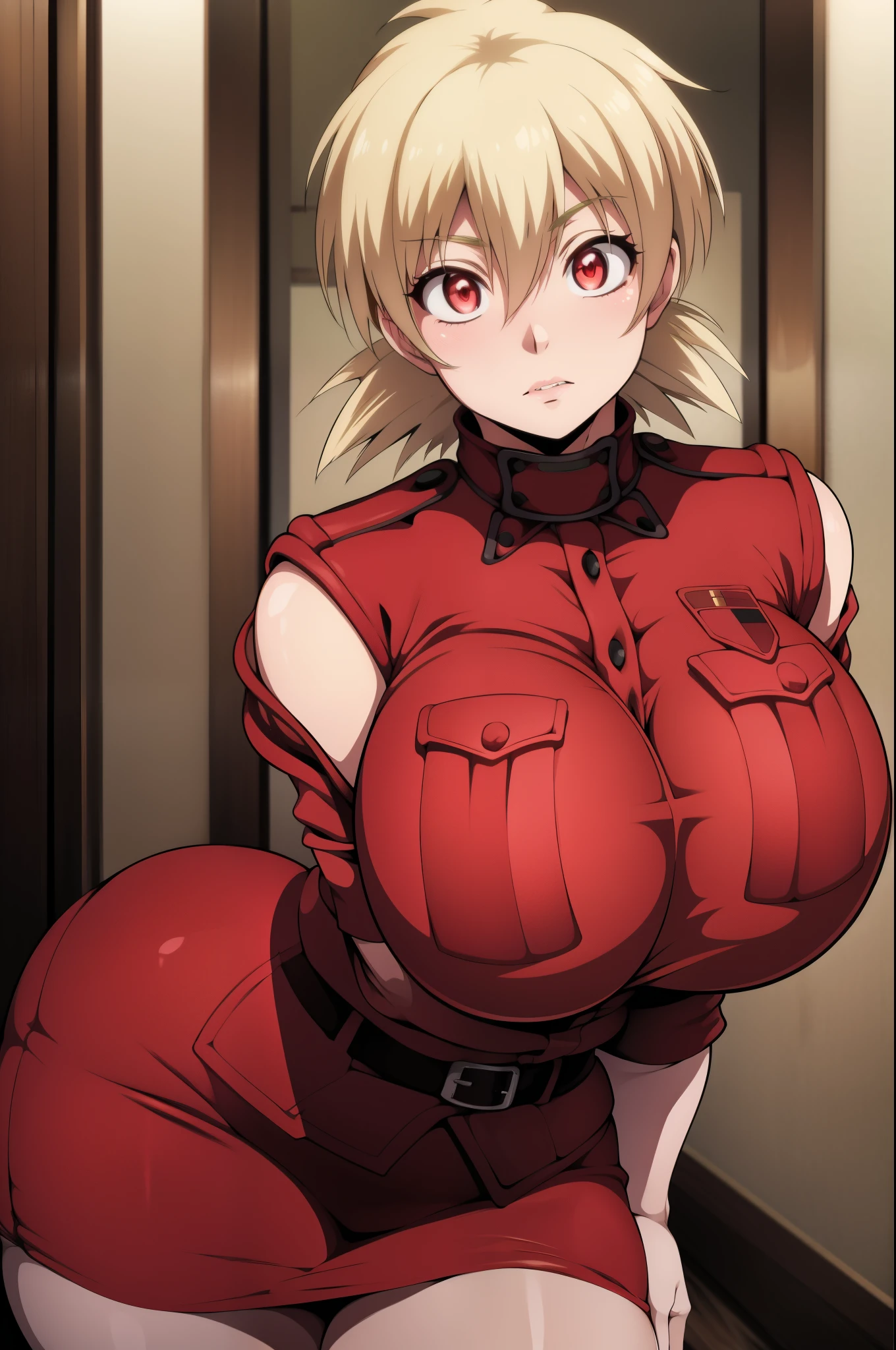 High resolution, Hellsing Ultimate art style, Seras Victoria, 1girl, ((bimbo))), short blond hair, red eyes, puffy lips, thick lips, wide hips, thick thighs, enormous fake breast, huge ass, round fake breasts, romantic cute face, girlfriend, blushing, tight police uniform, red skirt, breasts squeezed together, breasts about burst out of top, close up,