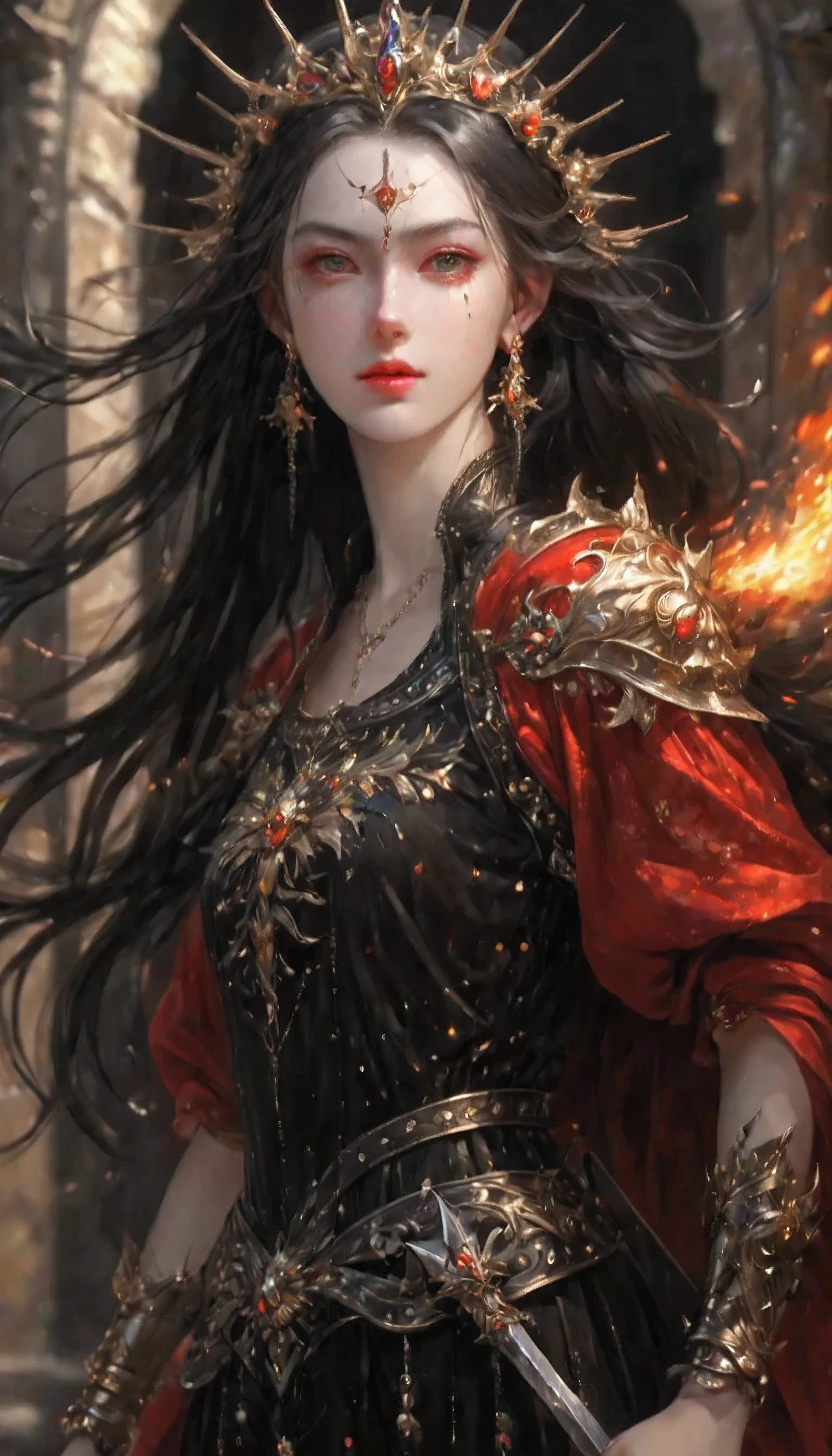 beautiful detailed background, octane rendering, 8K, best quality, masterpiece, illustration, extremely delicate and beautiful, detailed,extremely detailed,CG,Unite,wallpaper,Astonishing, fine details, realistic art: 1.2 ,masterpiece, best quality, official art, extremely detailed CG Unite 8K wallpaper,1 girl, (((black long straight hair,))), dark Knight,Red eyes,pretty face, Upper body,(Black armor and red robe,) looking at the scenery, Realistic photos,evil smile,
(hiqcgbody) ,perfect female figure,earrings,Willow Yao, (looking at the scenery), Tempting,reputation,(fire,indoor,ruins)
