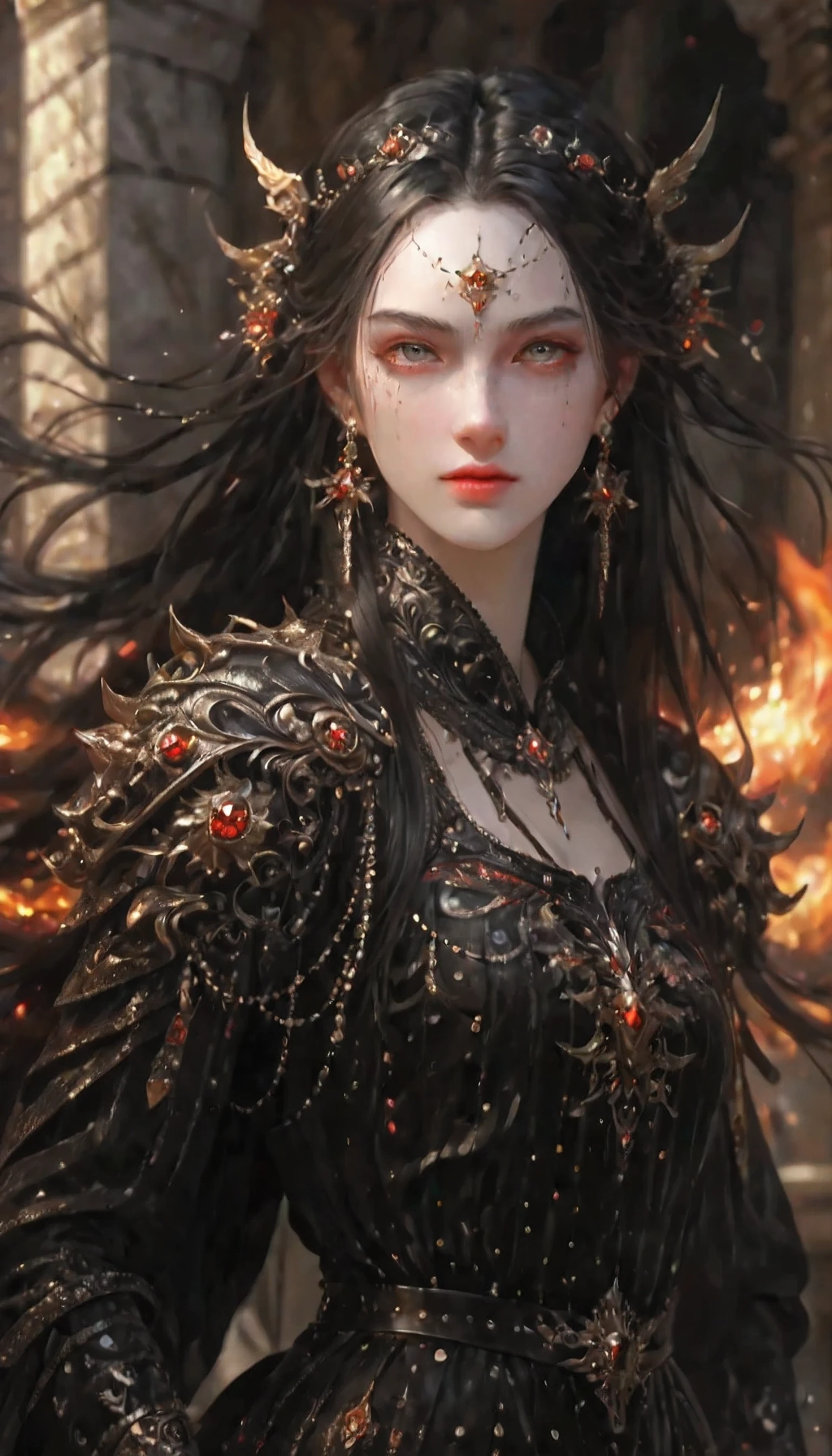 ((top-quality、masterpiece、photographrealistic:1.4、8K))、Beautuful Women、Beautiful expression、extremely detailed eye and face、beatiful detailed eyes、Princess of the Demon World、(Luxury black dress)、(Fiery red flames flutter、Draw a princess of the demon world standing in a castle shrouded in darkness。She had a calm expression on her face.、Has an atmosphere full of dark forces。)、Cinematic lighting、Textured skin、Super Detail、high detailing、High quality、hight resolution、Full body、europian