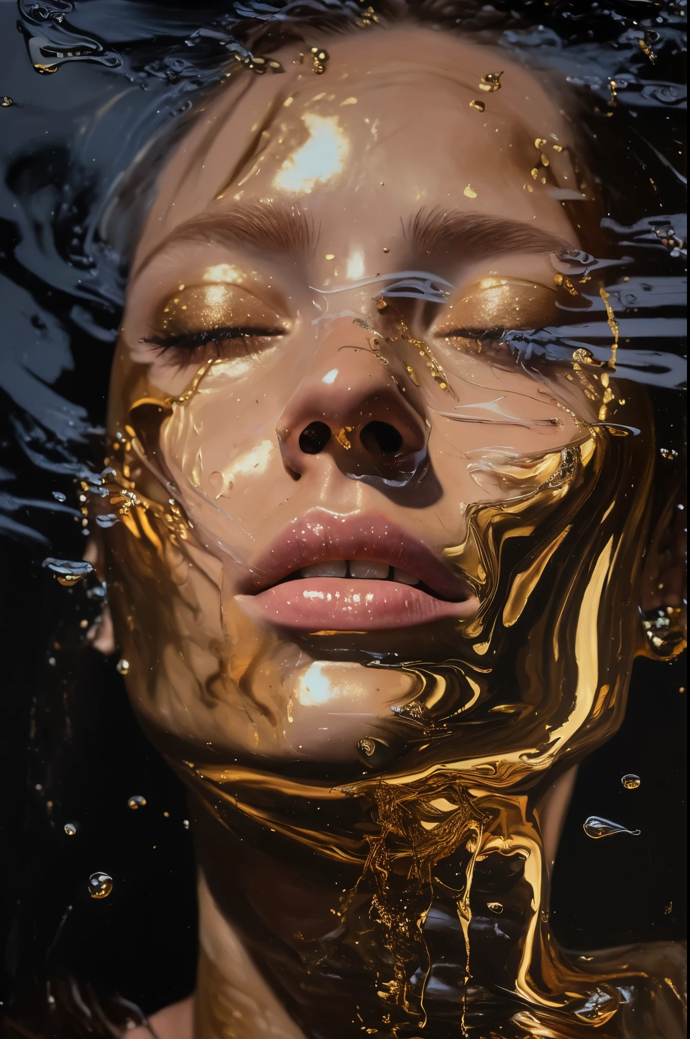 Imagem de uma mulher com os olhos fechados e o rosto coberto de tinta dourada, Draped in shiny golden oil, hyperrealistic oil painting, ultra realistic oil painting, hyper real oil painting, hyperrealistic oil painting, hyper - realistic oil painting, Beautiful acrylic fluid portrait, pintura digital hiper-realista, ultrarealism oil painting, hyperrealistic oil painting