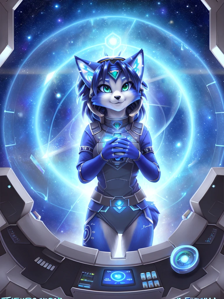 a beautiful and detailed (cute portrait) of ((Krystal)), Star Fox Krystal, skinny, adorable, green eyes, small breasts, spacesuit, typing on holographic computer, cleavage, grin, looking up,, anthro, furry, holographic screen, science fiction, uploaded E621, detailed fluffy fur, (by fluff-kevlar, Bayard Wu, personalami, Pino Daeni), detailed face, (fluffy),