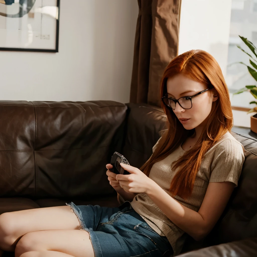 Skinny, ginger, redhead, glasses, playing games, on couch, 