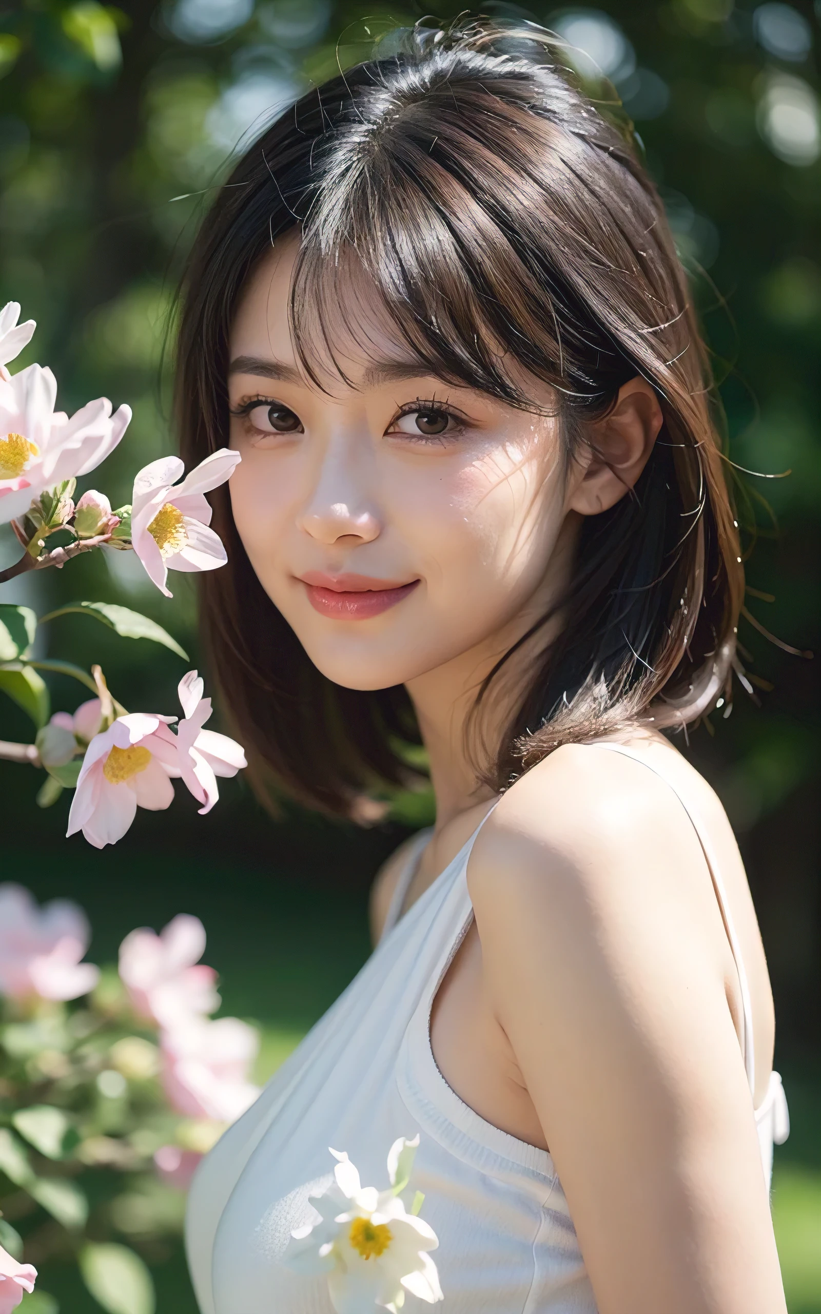 upper body shot、Front view、young beautiful japanese woman、gentle features、super cute face、glossy lips、double eyelids in both eyes、natural makeup, A smile that makes me cry, long eyelashes are bright, short bob and light brown hair、hair swaying in the wind, asymmetrical bangs、center image、8K、high definition、detailed hairstyle、detailed face、epic movie lighting、octane rendering、lively、surreal、perfect limbs、perfect anatomy, spring flower hill