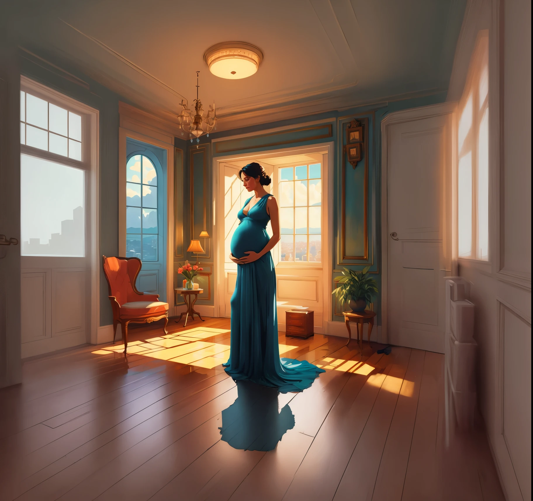 a pregnant woman standing in a room, in style of Dan Mumford