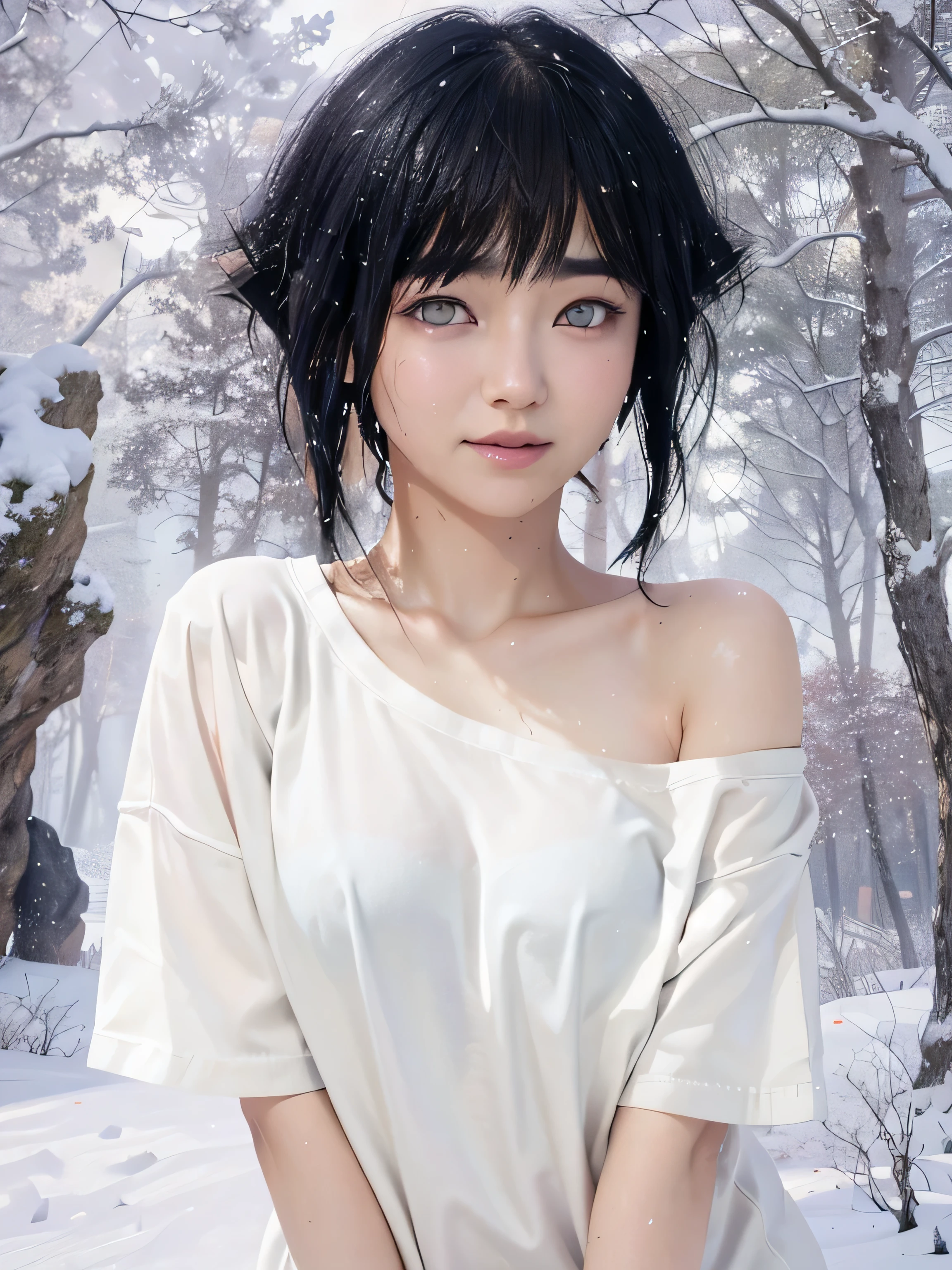 Realistic,masterpiece, best quality, (realistic,photo-realistic:1.4), (RAW photo:1.2),extremely detailed CG unity 8k wallpaper, delicate and beautiful, amazing,finely detail, official art, absurdres, incredibly absurdres, huge filesize, ultra-detailed,extremely detailed eyes and face, light on face,little smile,(wet body:1.3),short hair,black hair,hinata hyuga,snowy forest