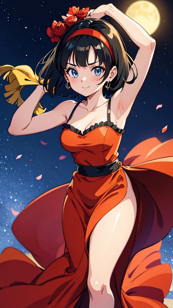 videl as a flamenco dancer, seductive smile, 1 girl, black hair, blue eyes, short hair, red hairband, bare shoulders, a flamenco dress, orange ruffle off the shoulder top, black maxi skirt, dancing at the village at night
