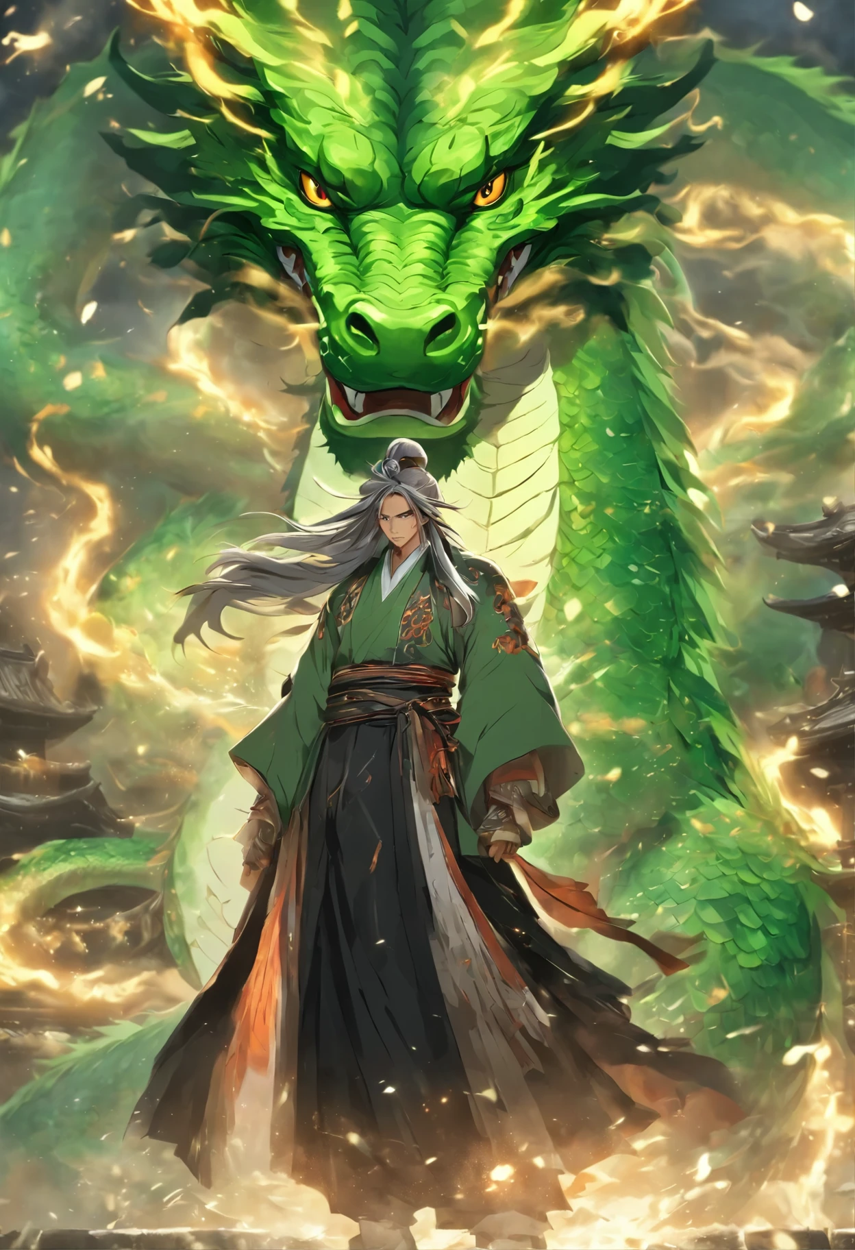 Chinese style,medium shot,The Taoist priest stood in front of the huge green dragon,Stretch your hands,Long messy hair,Glow effects,Hyper-realistic,Super realistic,Chinese black and white ink style,Silver,Decolorization,Smudge,ink,8K,Super fine,high quality,OC renderer