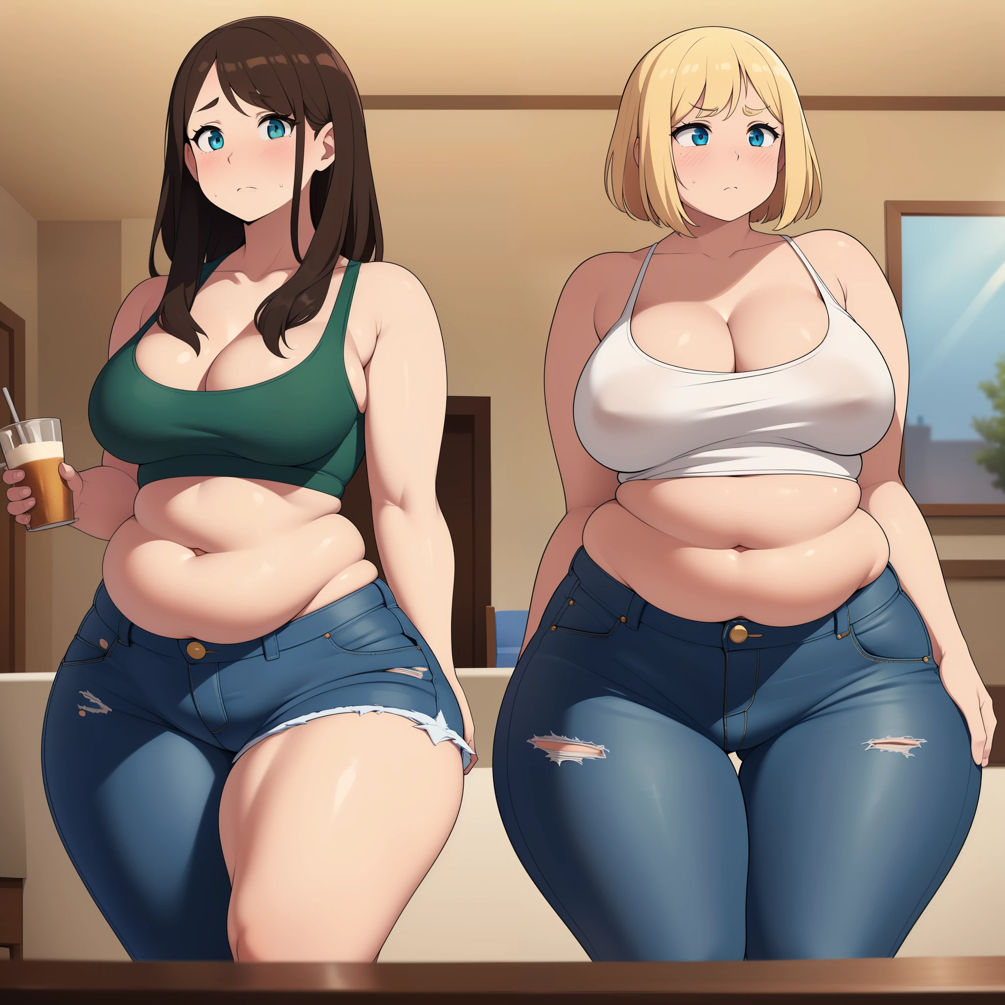 ((Masterpiece)), perfect anatomy, perfect shading, field of depth, (best quality), extremely delicate and beautiful, perfect lighting, detailed face, ultra cute face, cute, (cowboy shot 1.2), full body, (((2girls))), ((2 girls 1 and 2))
Girl 1: has long hair, fluffy hair, blonde hair, blue eye, ((blush)), embarrassed (crop top 1.2), (jean shorts 1.2), extremely tight clothes, medium , cleavag breasts, ((wide, (thick thighs), ((chubby)), pudgy belly, fat rolls, belly hang,
Girl 2: has short hair, fluffy hair, brown hair, green eyes, ((blush)), embarrassed, (white tank top 1.2), (jeans 1.2), chocker, extremely tight clothes, medium breasts, cleavage, persts, (((w))), ((thick thi((big butt)), ((plump)), chubby belly, fat rolls, y hang, she has a jiggly belly,
pub, at a party, intricate background, detailed backgroundls are standing next to each other,