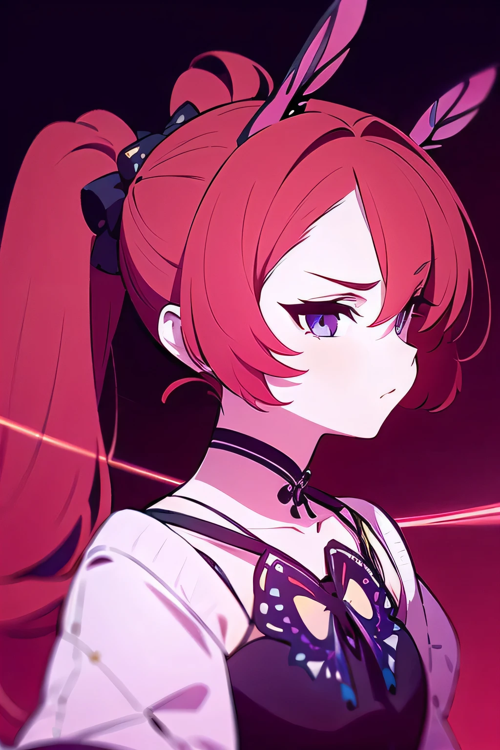 a girl with red hair with two ponytails, and surrounded by butterfly, with the red strings as background