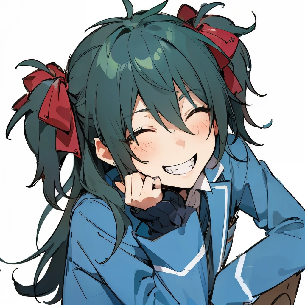 Cute anime girl, eyes closed, grinning, dark blue green hair, cheesy grin, sharp teeth, teeth showing, twin tail hair, ribbons in hair, adorable face, bokeh, masterpiece, detailed shading