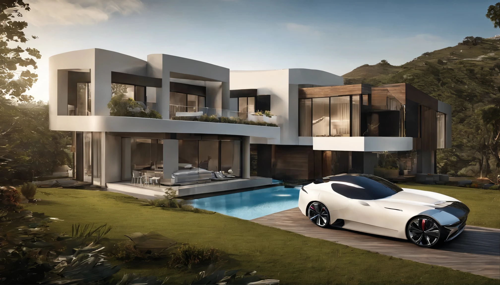 A home with a futuristic tech feel,3-storey building,Situado contra a montanha do lago,Piscina enorme,(altamente detalhado:1.2),(melhor qualidade:1.2),(8K:1.0),(emb-rrf-baixo:1.0),sharp focus,(uma fotografia premiada:1.2),(subsurface spreading:1.1),Paisagem futurista da cidade,fotorrealista,hiper-detalhamento,dystopian,art station trends,Cinematic lighting,Science fiction and fantasy。