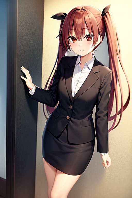 1girl, kotori itsuka, suit, office lady, black skirt, black blazer, pencil skirt, long skirt, white shirt, collared shirt, long hair, teenager, looking at viewer, full body