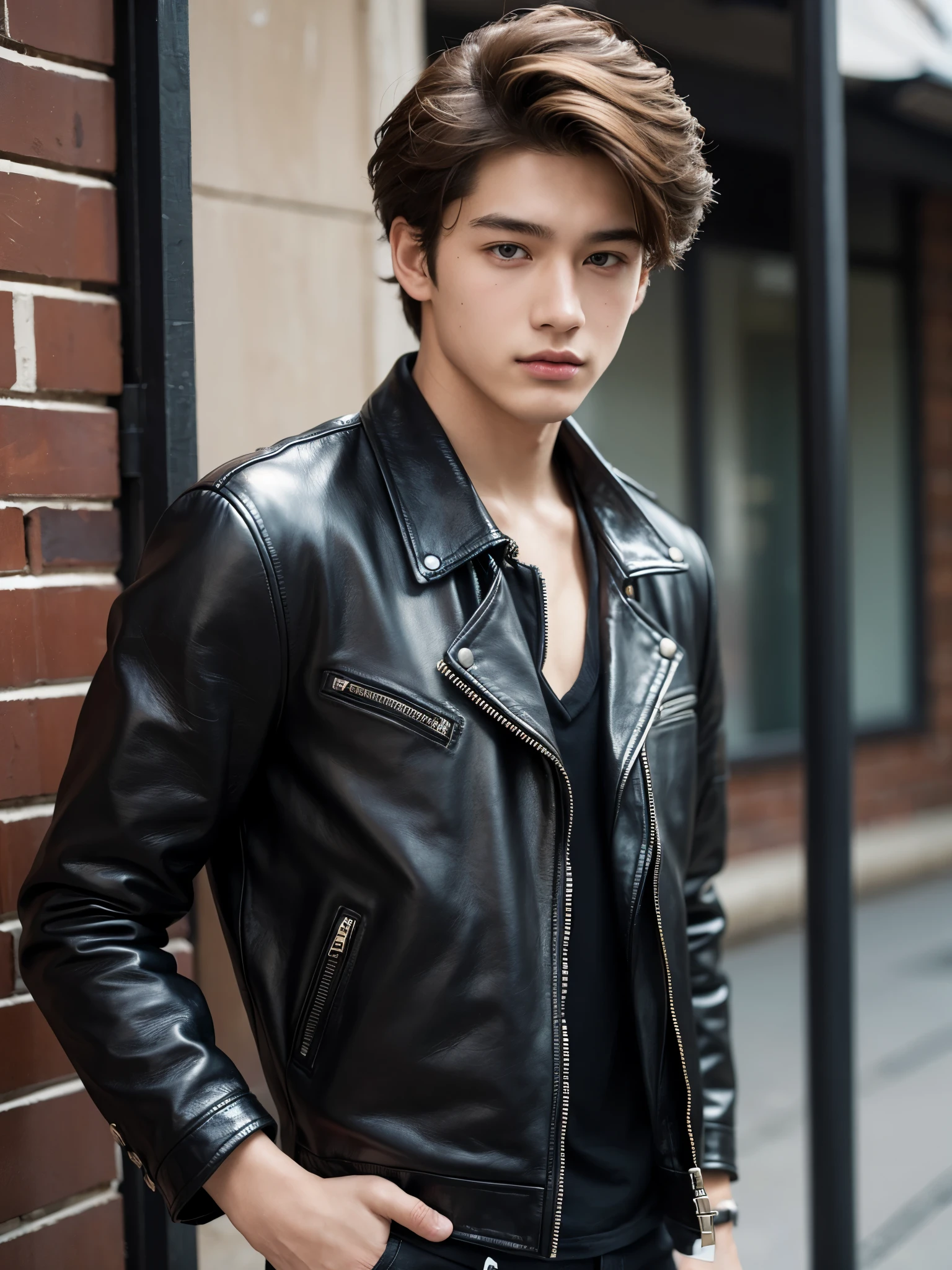 boy, 17 y.o, handsome, semi-caucasian face, comma hair, leather jacket, street