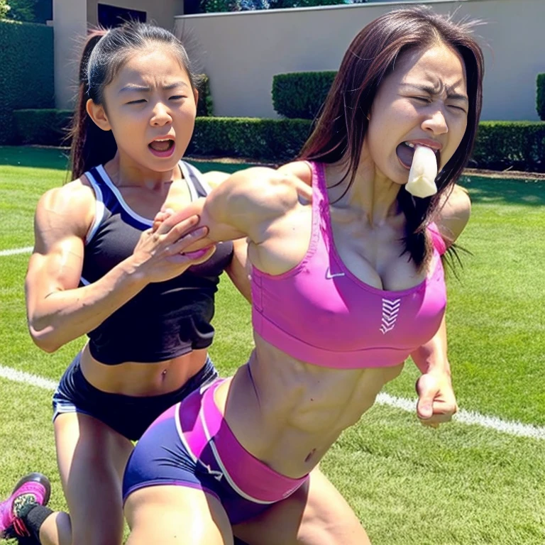 Fitness queen with abs gets spanked by girl,Expression of pain
