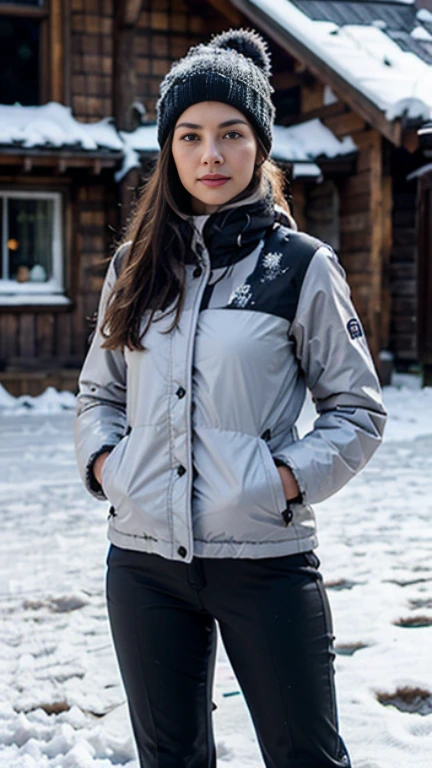 ((1girl in, age19, Solo, Long wavy blond hair, messy wind blown hair, blondehair, (dark blue eyes), Colossal tits, full body shot, (textured skin, skin pores:1.1))), imperfect skin, goosebumps, in a town park, wood bench, (snowy mountains: 1.8), (extremely detailed 8k wallpaper), soft lighting, high quality, film grain, Fujifilm XT3 sharp focus, f 2.6, 135mm, High Detail, Sharp focus,(natural light), (seductive), Realistic, ultra realistic, photo realistic, crazy details, complex details, hyper detailed, (she is wearing a black winter jacket: 1.5), fuzzy jacket lining, (wearing a scarf & white leggings: 1.1)