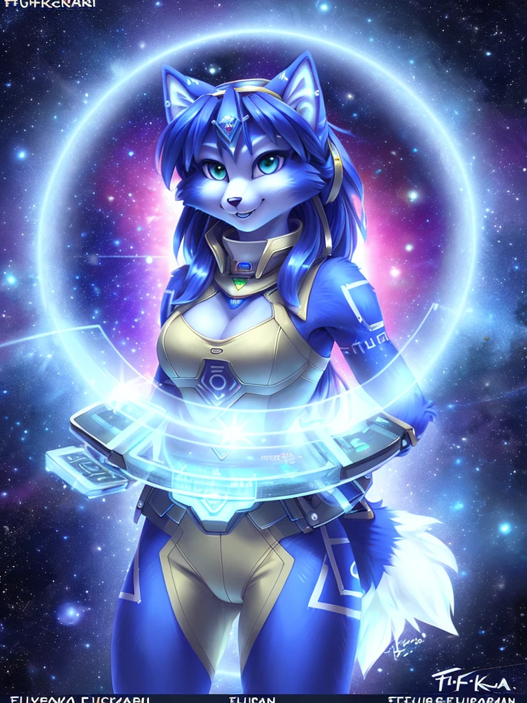 a beautiful and detailed (cute portrait) of ((Krystal)), Star Fox Krystal, skinny, adorable, green eyes, small breasts, spacesuit, typing on holographic computer, cleavage, grin, looking up,, anthro, furry, holographic screen, science fiction, uploaded E621, detailed fluffy fur, (by fluff-kevlar, Bayard Wu, personalami, Pino Daeni), detailed face, (fluffy), sexy naked, маленькие сиськи, голая грудь, длинные волосы