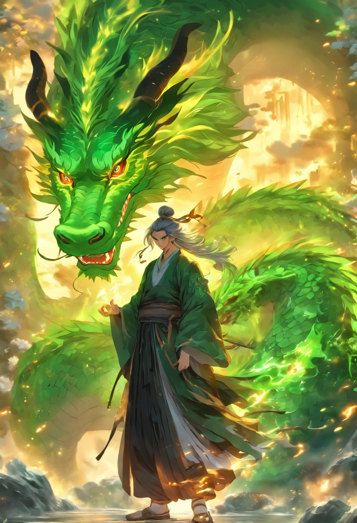 Chinese style,medium shot,The Taoist priest stood in front of the huge green dragon,Stretch your hands,Long messy hair,Glow effects,Hyper-realistic,Super realistic,Super detailed,Detailed portrayal,Chinese black and white ink style,Silver,Decolorization,Smudge,ink,8K,Super fine,high quality,OC renderer