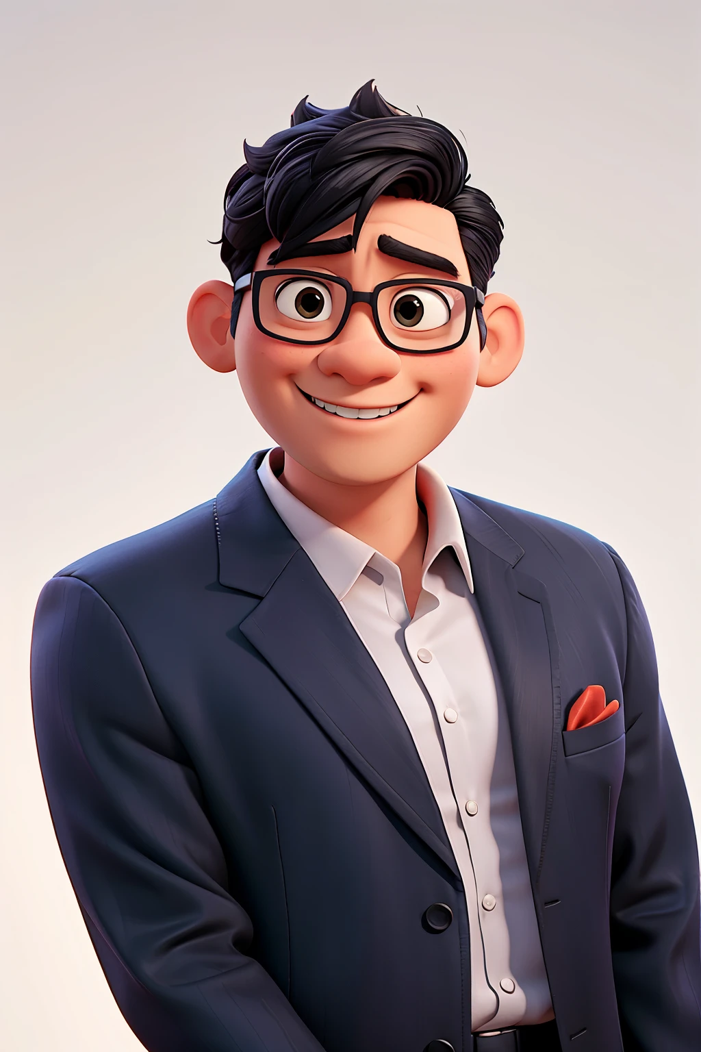 asian man with glasses in black suit attire and grey undergarment, pixar disney style