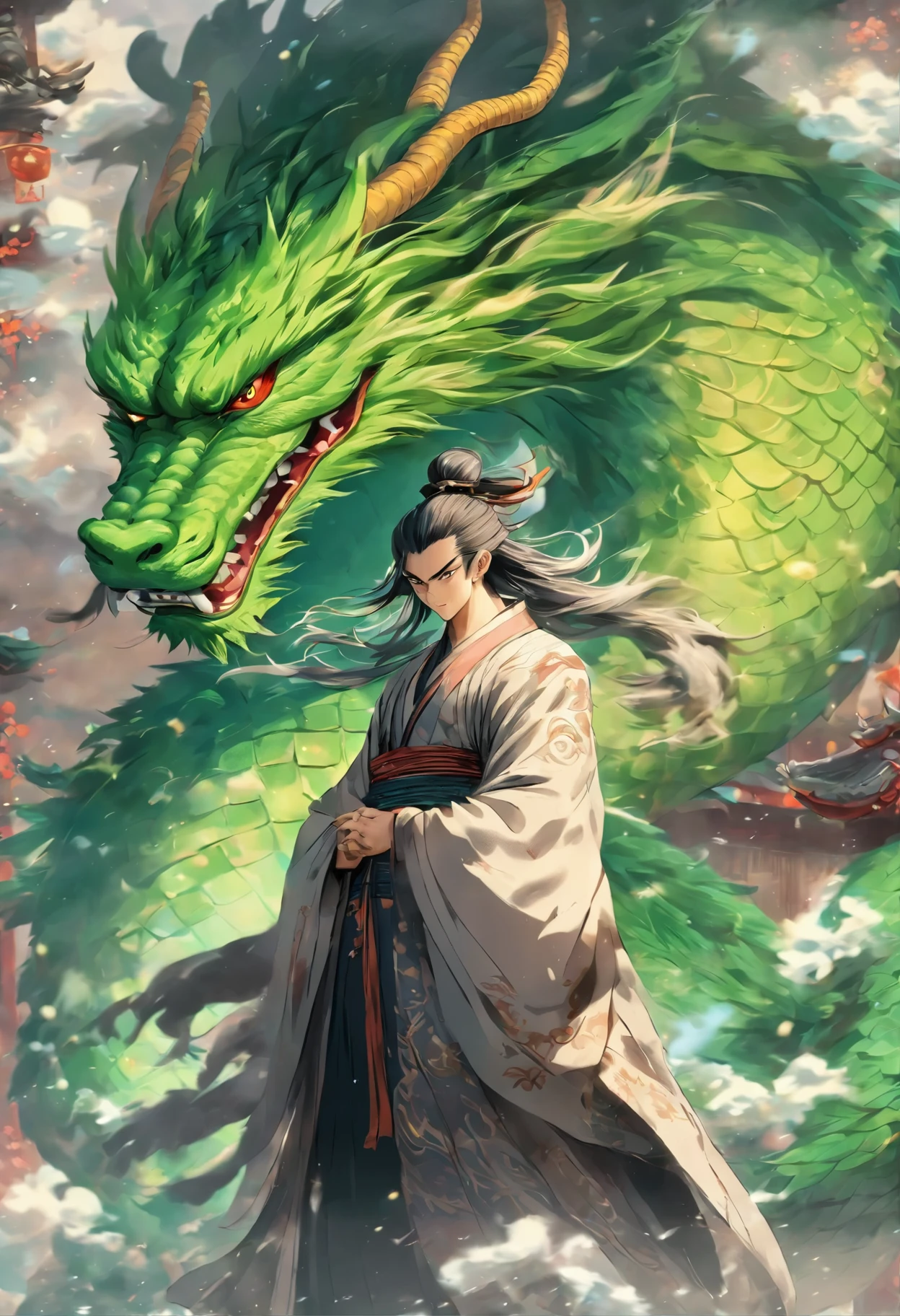 Chinese style,medium shot,The Taoist priest stood in front of the huge green dragon,Stretch your hands,Long messy hair,Glow effects,Hyper-realistic,Super realistic,Super detailed,Detailed portrayal,Chinese black and white ink style,Silver,Decolorization,Smudge,ink,8K,Super fine,high quality,OC renderer