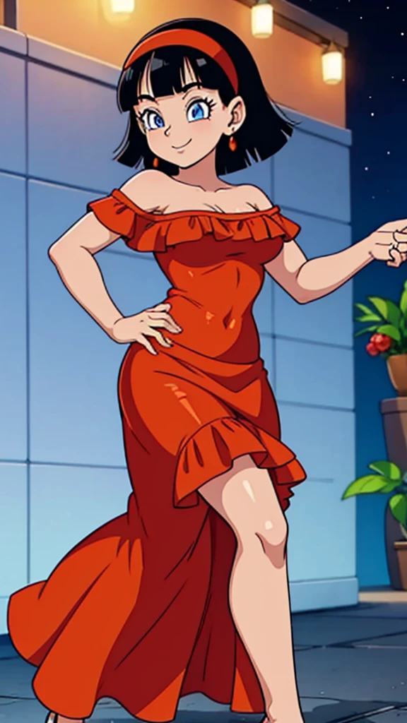 videl as a flamenco dancer, seductive smile, 1 girl, black hair, blue eyes, short hair, red hairband, bare shoulders, a flamenco dress, orange ruffle off the shoulder top, black maxi skirt, dancing at the village at night