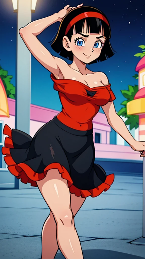 videl as a flamenco dancer, seductive smile, 1 girl, black hair, blue eyes, short hair, red hairband, bare shoulders, a flamenco dress, orange ruffle off the shoulder top, black maxi skirt, dancing at the village at night