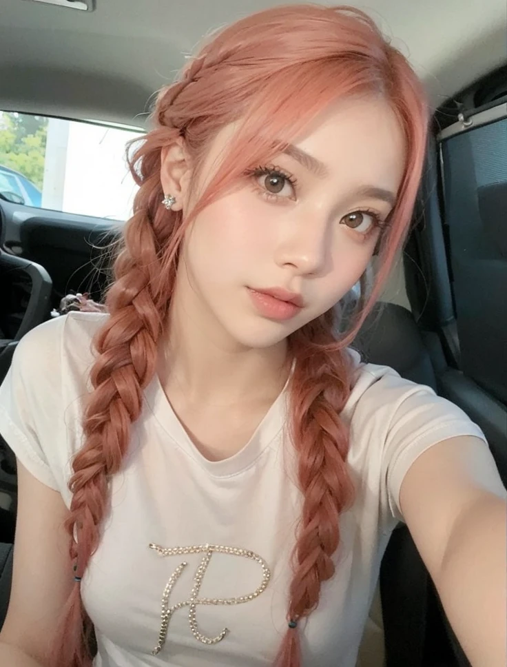 arafed woman con cabello rosado sitting in a car, pelo de coletasstyle, tzuyu de dos veces, two pelo de coletasstyle, peinado de dos colas, pelo de coletas, Cabello trenzado naranja, muchacha coreana, parque roseanne de blackpink, ulzzang, Pelo largo trenzado de color rojo naranja, jossi de blackpink, coleta colorida, con cabello rosado
