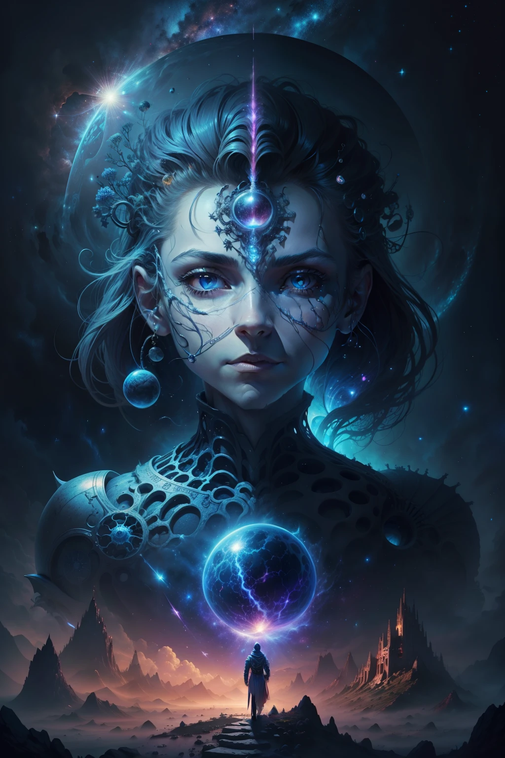 Fantasy00d Technical Diagram, Information Chart, charts, of a Cosmic Anatomical Human Head, Information Chart, scientific, Diagrama de dados, sistema nervoso, Galaxy, cores vibrantes, Aura da Meia-Noite, ultra detalhado, h.r. Giger, Max Ernesto, Thomas Kinkade, roberto Gonsalves, fundo escuro