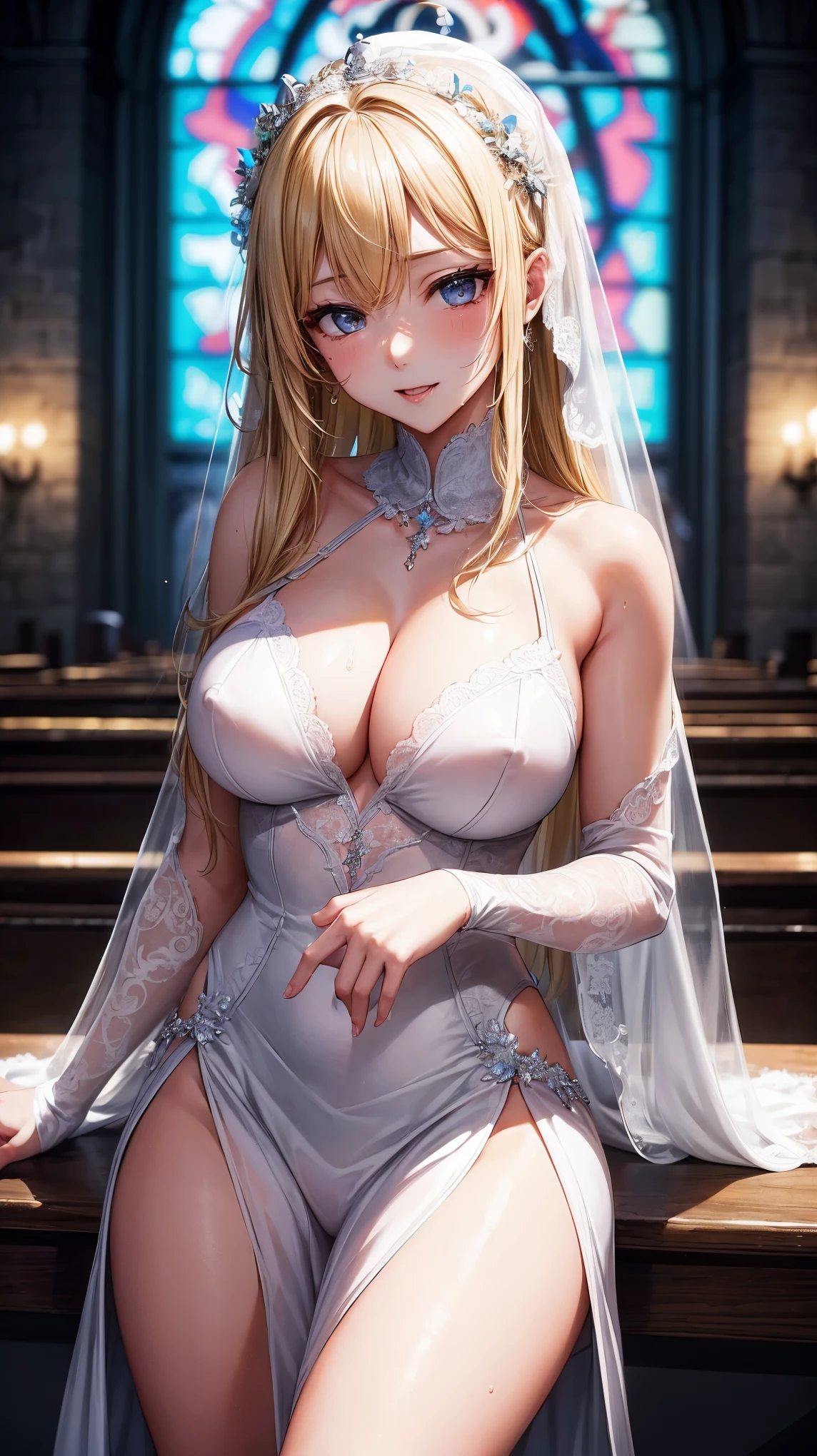 (((((feel shy、Nasty Girl、I'm seducing you sexually、sexual services)))))、((highest quality、8K、masterpiece:1.3))、unparalleled beauty、ultimate beauty、revealing underwear:1.2、super detailed face、delicate eyes、smile、erotic expression、sexy look、sexy look、looking at the camera、((high quality wedding dresses))、(((Nipples exposed from wedding dress)))、wedding dress skirt、((blonde))、beautiful girl、big beautiful breasts、cleavage、slim、slender、(((church)))