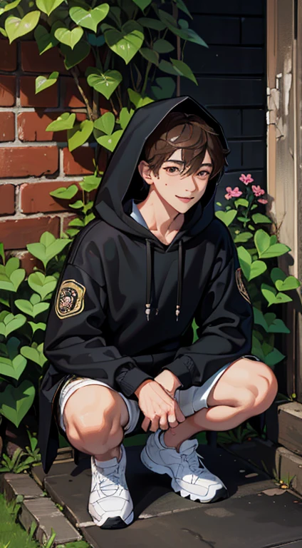 (disorganized, High resolution, Super detailed, HDR), masterpiece, highest quality, 1 boy, alone, good looking, dark brown hair, fine eyes and detailed face, amount, mole under his eye, black oversized hood, (White shorts), sneakers, ear piecing, squat, plant, flower, Back alley background, smile, From above, look up