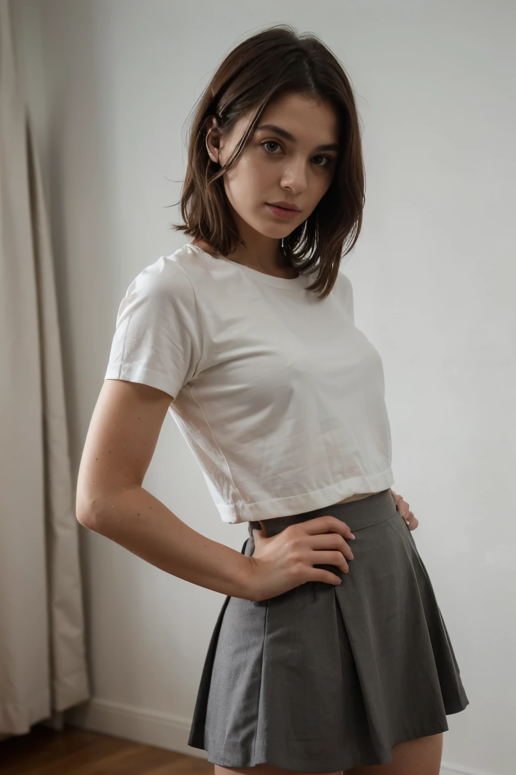 ((best quality)), ((masterpiece)), (detailed), short, (medium dark hair), posing, (skirt)