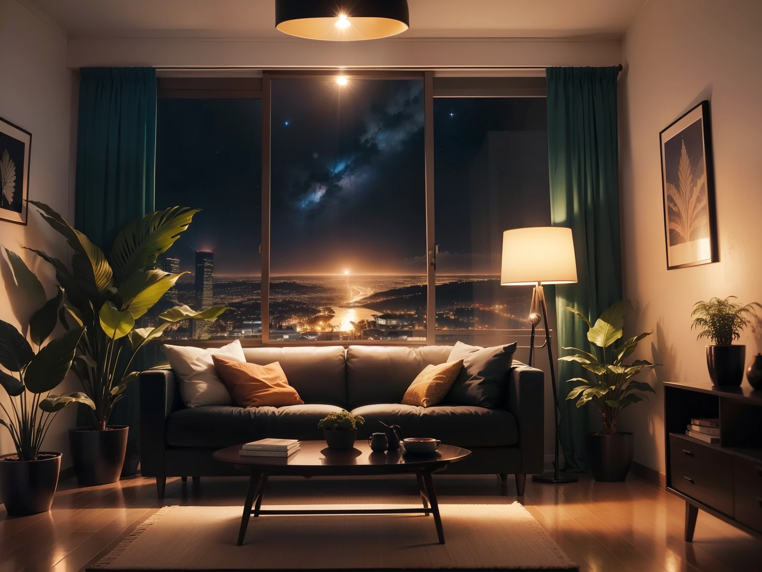 dimly lit mid-century modern living room with dark, rainy night outside, (noite chuvosa e nebulosa: 1.2), Pacific Northwest, (dim lighting: 1.4), (dim lighting: 1.2), plantas, plantas grandes, chuvosa, monstera, muitas plantalurry windows:1.2), obra-prima, melhor qualidade, hora crepuscular, (noite:1.4), noite chuvosa, after sunset, Luz de uma vela