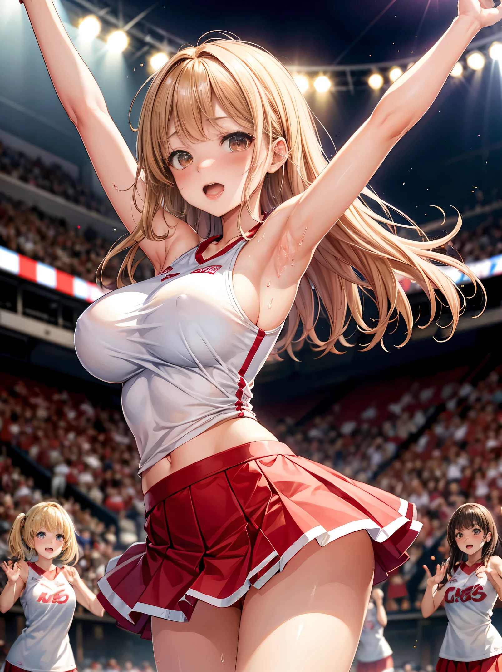 highest quality、All limbs、full finger、one beautiful woman、beautiful big breasts、straight hair、blonde、cheerleader、Team name displayed in red at the top、Red and white miniskirt、embarrassing、blush、Football Stadium、Raise your hands to show your armpits、a lot of sweat