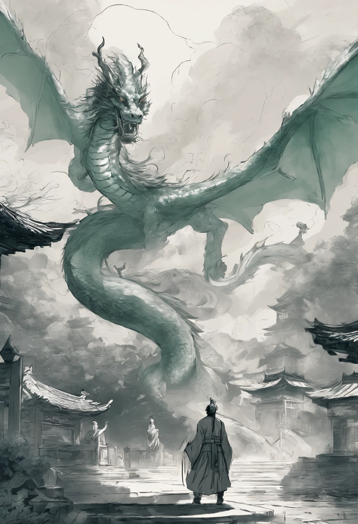 Chinese style，medium shot，The Taoist priest stood in front of the huge green dragon，Stretch your hands，Long messy hair，Glow effects，Hyper-realistic，Super realistic，Super detailed，Detailed portrayal，Chinese black and white ink style，Silver，Decolorization，Smudge，ink，8K，Super fine，high quality，OC renderer
