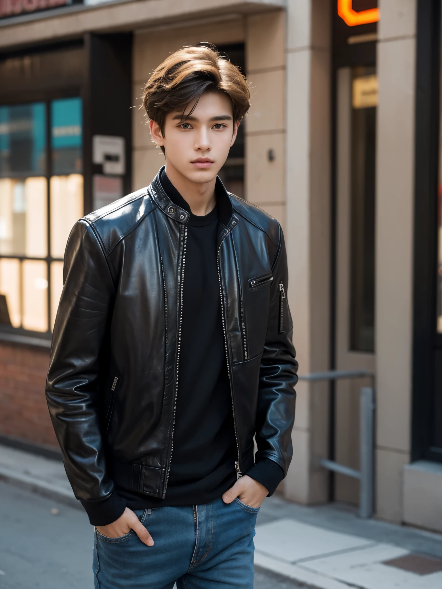 boy, 17 y.o, handsome, semi-caucasian face, comma hair, leather jacket, street