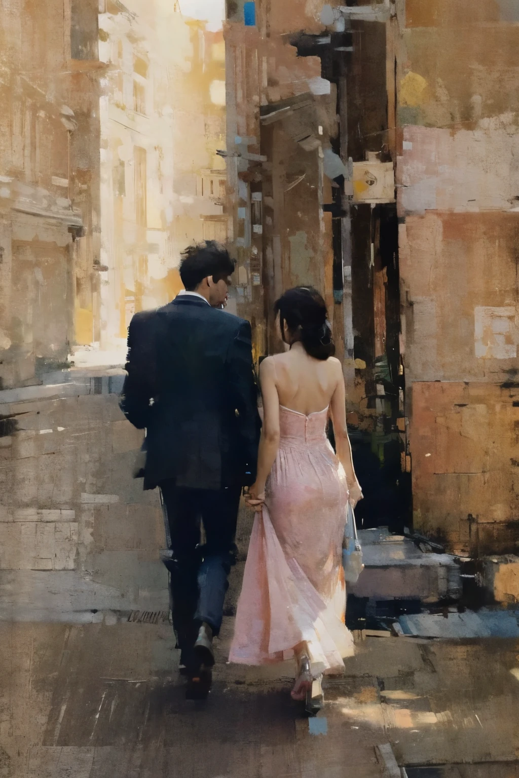 Design a poster of a couple walking away from their backs，Scene pink romantic ，To reflect the high-level romantic elegance of the picture.