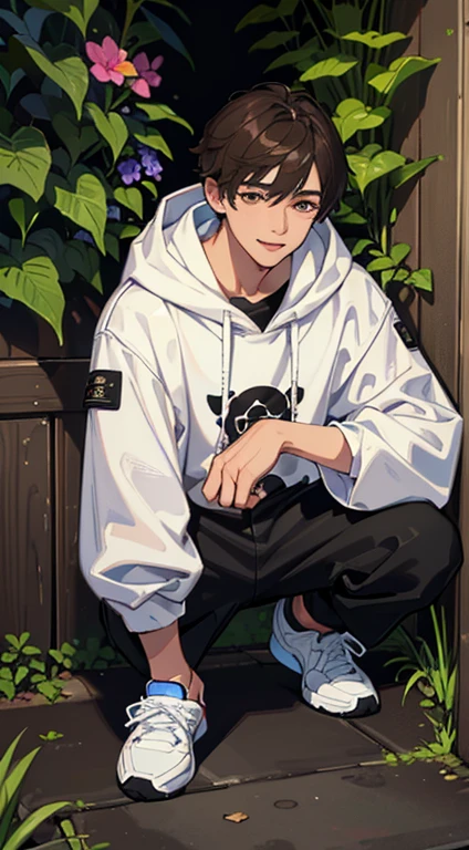 (disorganized, High resolution, Super detailed, HDR), masterpiece, highest quality, 1 boy, alone, good looking, dark brown hair, fine eyes and detailed face, amount, mole under his eye, black oversized hood, (White shorts), sneakers, ear piecing, squat, plant, flower, Back alley background, smile, From above, look up