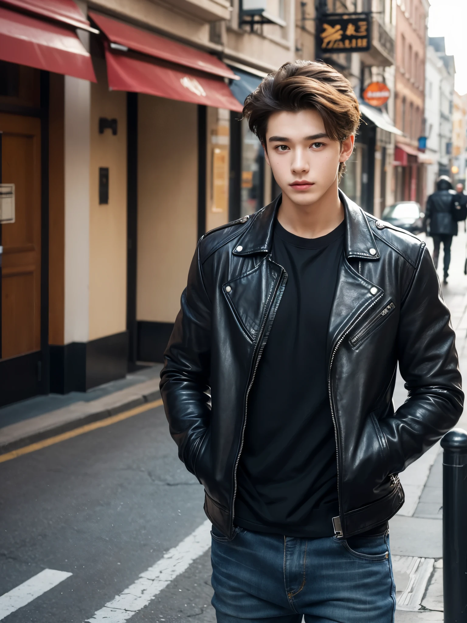 boy, 17 y.o, handsome, semi-caucasian face, comma hair, leather jacket, street