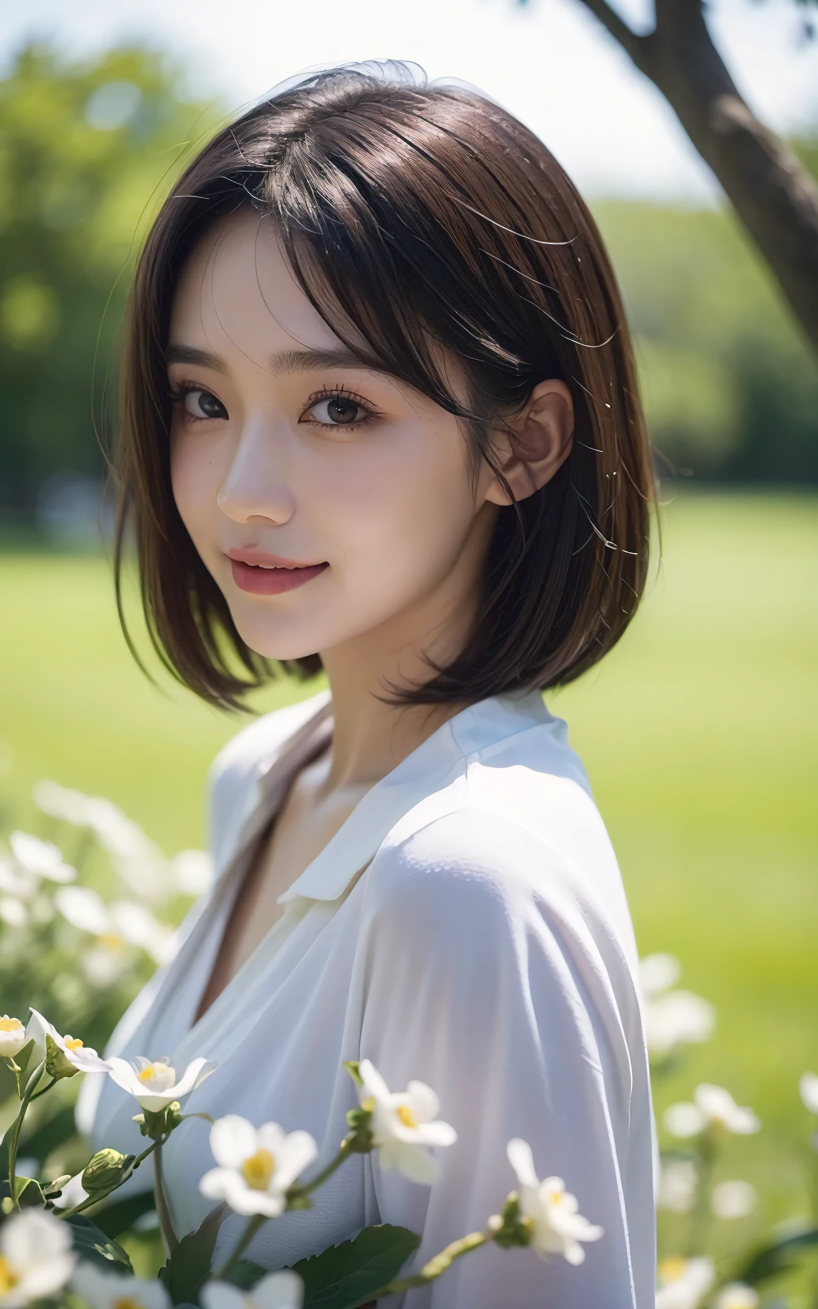 upper body shot、Front view、young beautiful japanese woman、gentle features、super cute face、glossy lips、double eyelids in both eyes、natural makeup, A smile that makes me cry, long eyelashes are bright, short bob and light brown hair、hair swaying in the wind, asymmetrical bangs、center image、8K、high definition、detailed hairstyle、detailed face、epic movie lighting、octane rendering、lively、surreal、perfect limbs、perfect anatomy, spring flower hill