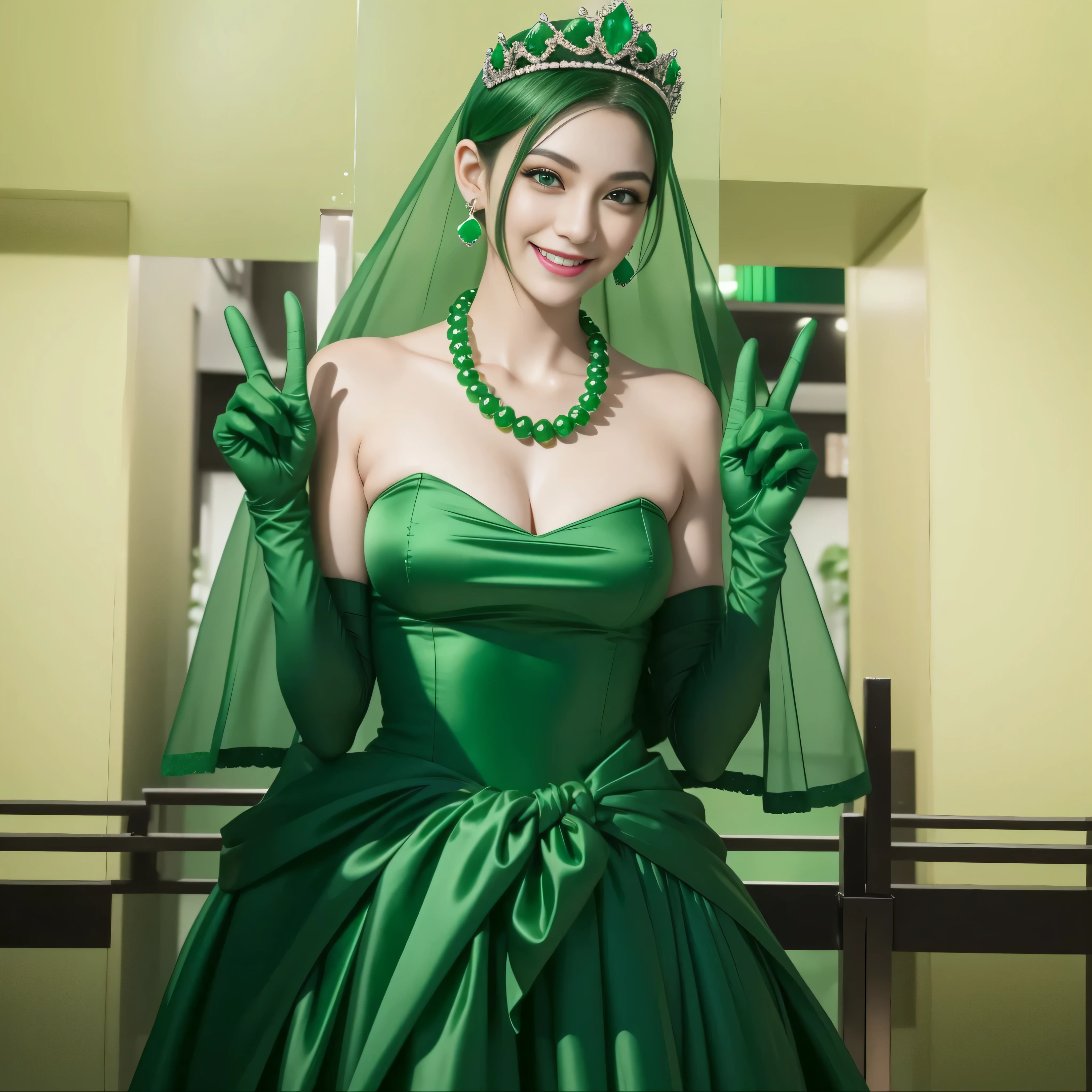 emerald tiara, Green Pearl Necklace, Boyish very short green hair, lipsticks, Japan woman smiling, very short short hair, Busty beauty, green eyes, Long green gloves made of satin material, green eyes, Emerald Earrings, green vale, v sign, Green hair