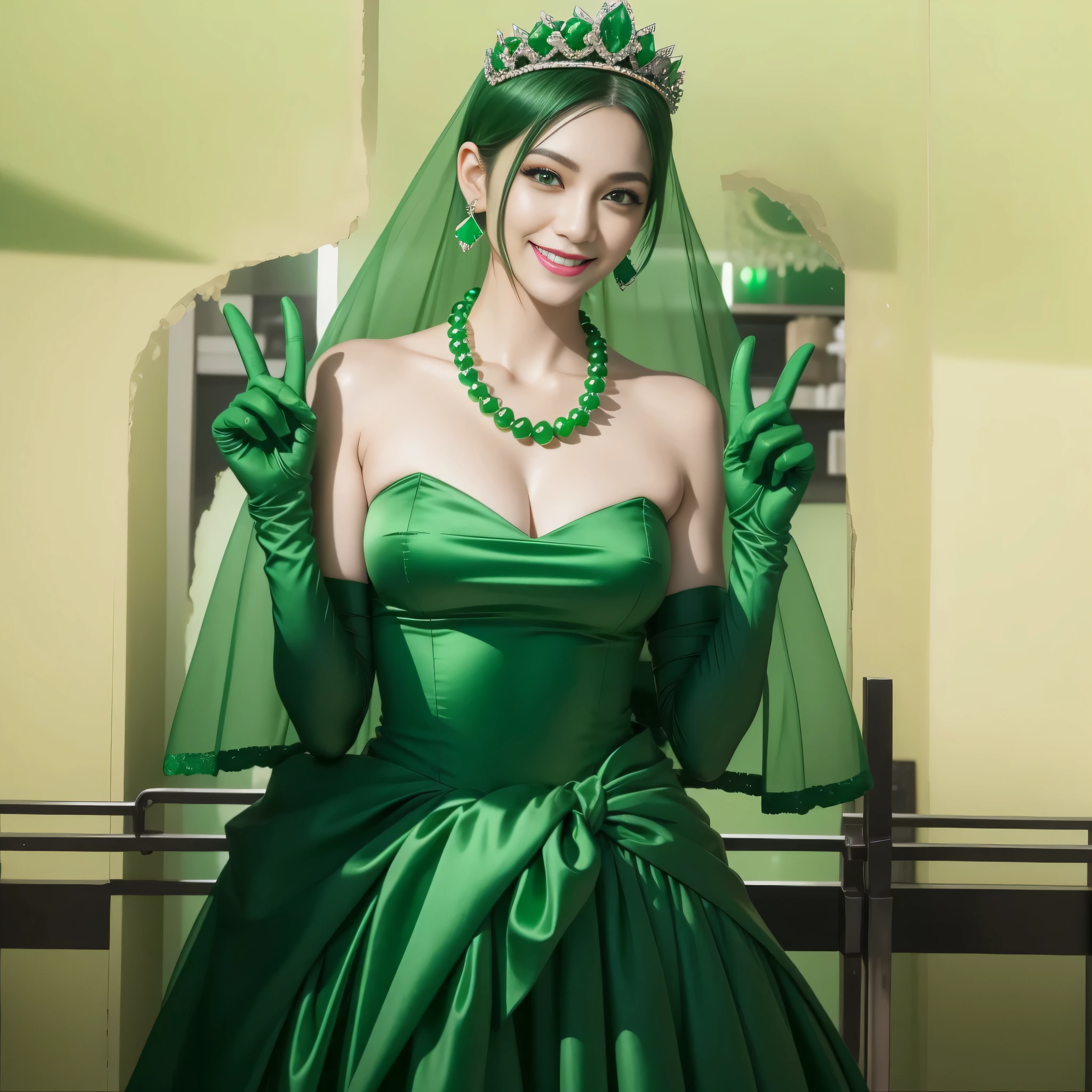 emerald tiara, Green Pearl Necklace, Boyish very short green hair, lipsticks, Japan woman smiling, very short short hair, Busty beauty, green eyes, Long green gloves made of satin material, green eyes, Emerald Earrings, green vale, v sign, Green hair