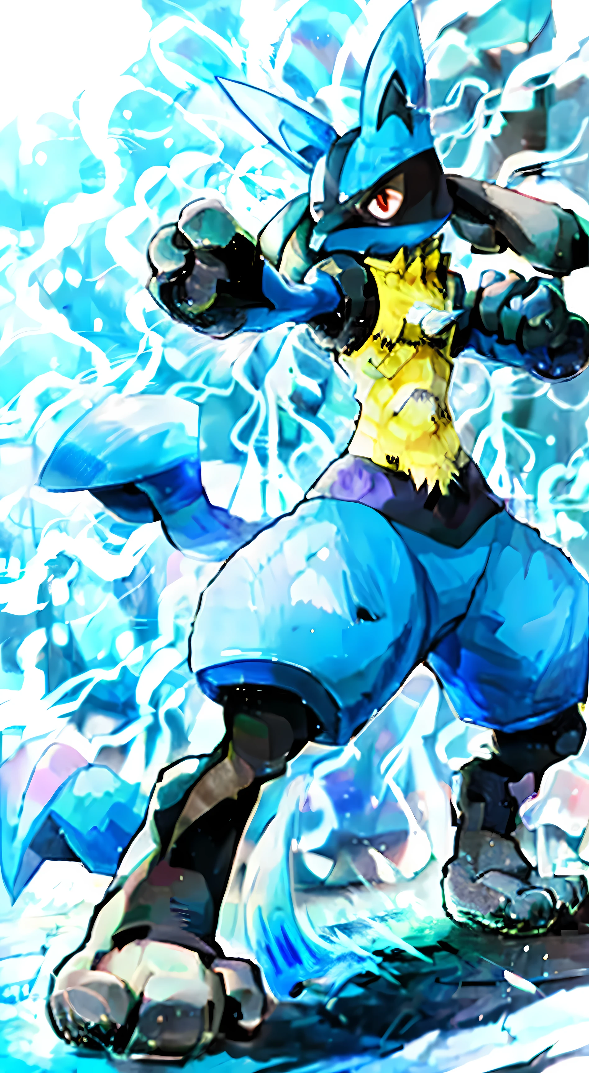 two-dimensional_japanese manga,Lucario,serious face,Aggressive posture,blue_Body,Shirtless,struggle_damaged,stand_exist_ground