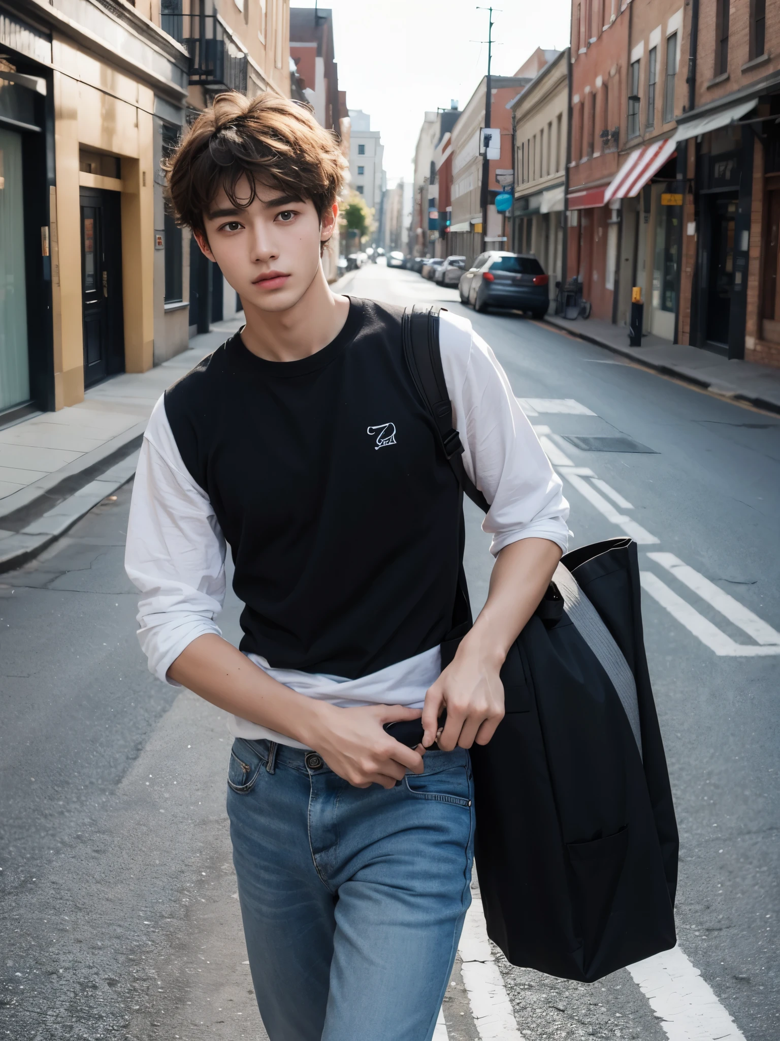 (Ridiculous, High Resolution, Ultra Detailed, HDR), Masterpiece, Best Quality, 1boy, Gojo, Solo, Handsome, Dark Brown Hair, Fine Eyes and Detailed Face, Black Shirt, White Shorts, (Pale and White Skin), Look at the Audience, Ear Stitching, Sitting on a Bench, Sitting Cross-legged, Parking in the Background